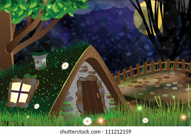 Shack with luminous window and sod roof in a dark forest