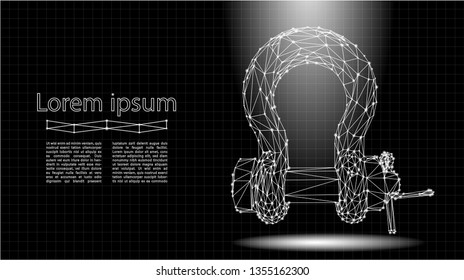 Shackle. Abstract polygonal wireframe mesh. Rigging gear, lifting equipment. Bolt type Pin Bow Shackle. Low Poly Vector on Black Background.