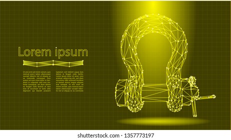 Shackle. Abstract polygonal wireframe mesh. Rigging gear, lifting equipment. Bolt type Pin Bow Shackle. Low Poly Vector on Yellow Background. 