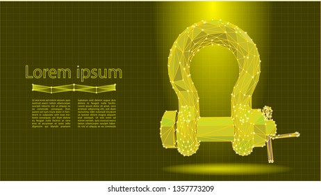 Shackle. Abstract polygonal wireframe mesh. Rigging gear, lifting equipment. Bolt type Pin Bow Shackle. Low Poly Vector on Yellow Background. 
