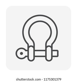 Shackle Vector Icon. Metal Or Steel With Locking Pin. Accessory Or Lifting Equipment With Breaking Strength For Winching, Industrial Crane Rigging, Tow Strap, Off-road Jeep Truck Recovery. 64x64 Px.