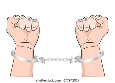 Shackled Hands in handcuffs. Man in jail or prisoner. Vector illustration