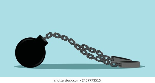 Shackles chain with weight metal ball, concept of addiction or bad problems or debt, freedom and liberty, slavery and liberation and bad habits.Vector illustration.