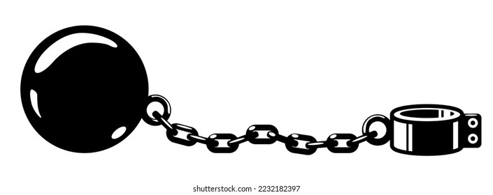 Shackles, gyve on chain with weight metal ball, prisoner fetter, encumbrance or debt concept , vector 