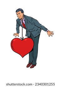 The shackles of romantic relationships. Reaching down because of love problems. The man in the suit holds on as the heart on the noose pulls him down. Pop Art Retro Vector Illustration Kitsch Vintage