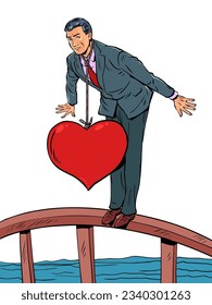 The shackles of romantic relationships. Reaching down due to marital problems. A man in a suit stands on a bridge and is pulled down by a heart on a noose. Pop Art Retro Vector Illustration Kitsch
