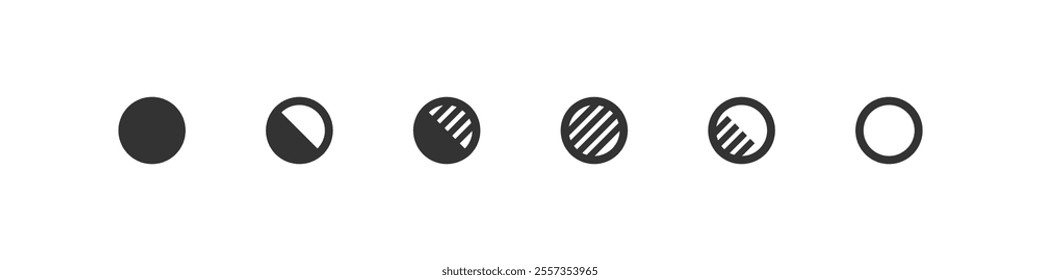 Shade dark, midtone, light and contrast. Set black circles icon. Screen brightness level icon. Isolated vector