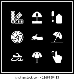 shade icon. 9 shade vector set. sun umbrella, snowmobile, color scheme and corrector icons for web and design about shade theme