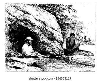 In the Shade of a Large Rock in Oiapoque, Brazil, drawing by Riou from a sketch by Dr. Crevaux, vintage engraved illustration. Le Tour du Monde, Travel Journal, 1880