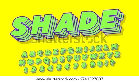 Shade Retro 3D Font - Green Letters with Purple Layered Shadow Alphabet on Yellow