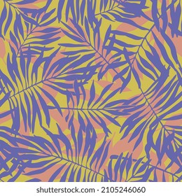Shade under the palm trees on the island. Pattern of palm branches in the fashion colors of 2022. Print for textiles, paper, wallpaper, bedding, or carpet