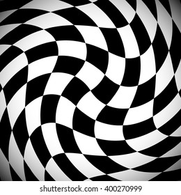 Shaded checkered pattern with spirally distortion effect - Checked pattern with vortex deformation, black and white background.