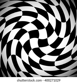 Shaded checkered pattern with spirally distortion effect - Checked pattern with vortex deformation, black and white background.