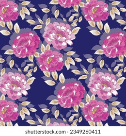 Patrón textil floral sombreado sobre fondo azul marino