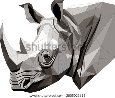Shaded gray polygonal rhinoceros head vector using dimensional low-poly facets to create a modern 3D effect. Rhino head geometrical shape vector illustration.