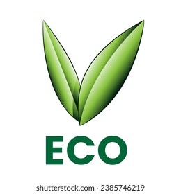 Shaded Green Eco Icon with V Shaped Leaves on a White Background