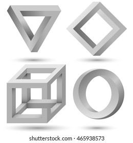 Shaded impossible geometric object set vector template. Impossible illusion triangle, cube, infinite loop and diamond isolated on white background. Can be used as logo, icon, sign or design element.