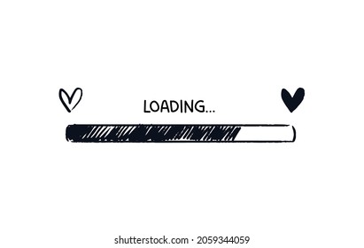 Shaded loading bar with hearts. Hand-drawn stroked progress bar with love. Black on white concept of web page upload with signature. Vector illustration isolated on white background.