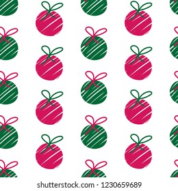 Shaded red and green christmas balls with bows,  seamless pattern