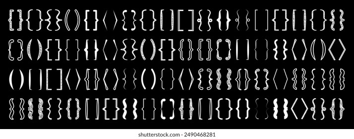 Shaded text brackets, black quotation box. Curly, square and corner parentheses. Vintage typographical symbol, calligraphic quote frame. Doodle, lettering element. Vector illustration