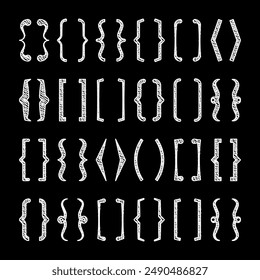 Shaded text brackets, black quotation box. Curly, square and corner parentheses. Vintage typographical symbol, calligraphic quote frame. Doodle, lettering element. Vector illustration