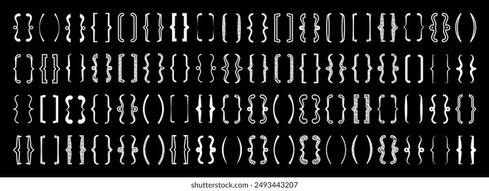 Shaded text brackets, black quotation box. Curly, square and corner parentheses. Vintage typographical symbol, calligraphic quote frame. Doodle, lettering element. Vector illustration