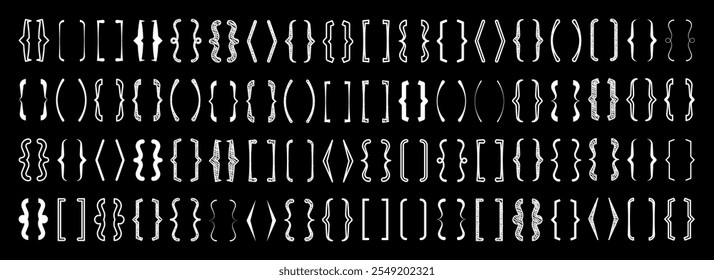 Shaded text brackets, black quotation box. Curly, square and corner parentheses. Vintage typographical symbol, calligraphic quote frame. Doodle, lettering element. Vector illustration