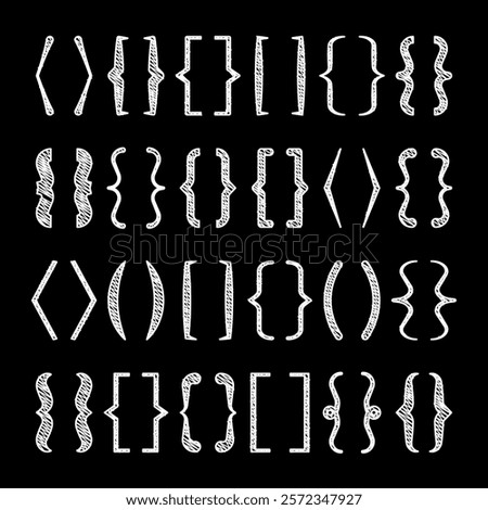 Shaded text brackets, black quotation box. Curly, square and corner parentheses. Vintage typographical symbol, calligraphic quote frame. Doodle, lettering element. Vector illustration