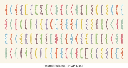 Shaded text brackets, colorful quotation box. Curly, square and corner parentheses. Vintage typographical symbol, calligraphic quote frame. Doodle, lettering element. Vector illustration