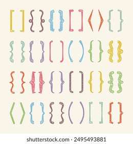 Shaded text brackets, colorful quotation box. Curly, square and corner parentheses. Vintage typographical symbol, calligraphic quote frame. Doodle, lettering element. Vector illustration.