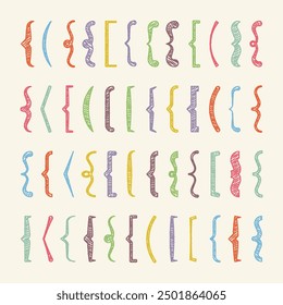 Shaded text brackets, colorful quotation box. Curly, square and corner parentheses. Vintage typographical symbol, calligraphic quote frame. Doodle, lettering element. Vector illustration