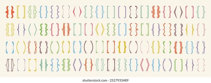 Shaded text brackets, colorful quotation box. Curly, square and corner parentheses. Vintage typographical symbol, calligraphic quote frame. Doodle, lettering element. Vector illustration