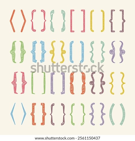 Shaded text brackets, colorful quotation box. Curly, square and corner parentheses. Vintage typographical symbol, calligraphic quote frame. Doodle, lettering element. Vector illustration