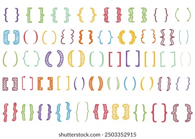 Shaded text brackets mega set elements in flat graphic design. Bundle objects of colorful scribble parenthesis, calligraphic quote frames with ornaments, doodle lettering frames. Vector illustration.