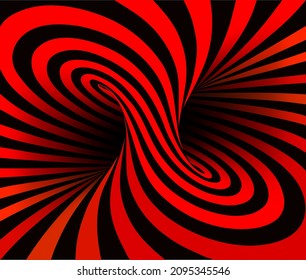 Shaded vector illustration of torus inside view with geometrical hypnotic red stripes on black background.