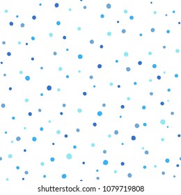 Shades of blue chaotic blobs, blots, uneven dots, drops, splash, spatter, droplets vector seamless repeat pattern. Paint handmade round spots, flecks, specks on white background texture.