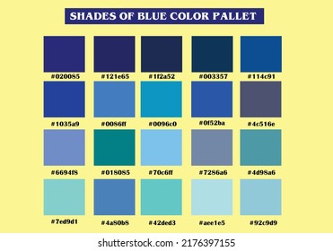 shades of blue color palette with RGB HEX codes. vector-illustration. isolated on yellow background.  
