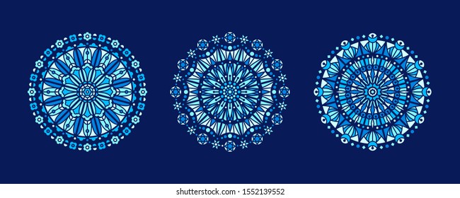 Shades of blue stained glass illustrations collection, circle shape, stylized rose window vector ornament, tracery. Round frames set, radial floral motive design element. Mosaic mandala decoration