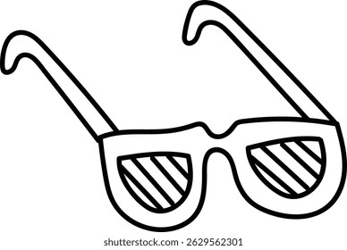 Shades are depicted in a hand-drawn line art style with thick outlines and striped lenses.  Eyeglasses are shown with a simple, bold, sketched look. Cartoon vector illustration