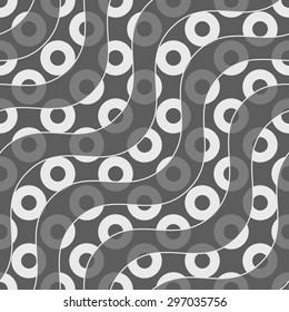 Shades of gray diagonal waves with donuts.Seamless stylish geometric background. Modern abstract pattern. Flat monochrome design.