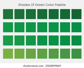 Shades of green color palette. 28 shades of green color isolated on grey white background. Vector illustration.	