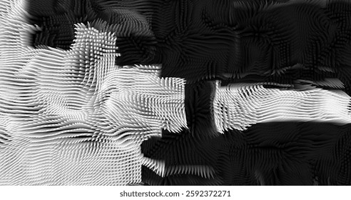 In shades of grey abstract texture created with Gradient flow and 3D structure imitate the movement of liquid or wind. Vibrant colors, volumetric waves and digital noise create a sense of depth and