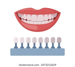 Shades of implants. Denture and implant production, teeth color samples. Veneers. Beautiful smiling mouth with healthy teeth. Dentistry, dental treatment, whitening, orthodontics. Vector