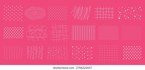 Sombreado y patrones para superponer o rellenar Formas. Conjunto de fondos dibujados a mano. Patrones de corazones, líneas, puntos, estrellas, ondas y zigzags. Gráficos de Vector