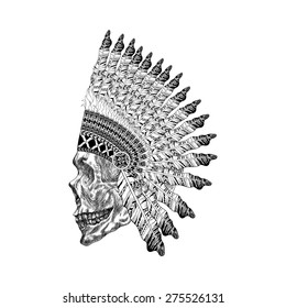 Shading skull with feathered war bonnet in zentangle style, Headdress for Indian Chief. American ethnic boho spirit. Hand drawn sketch vector illustration for tattoos.