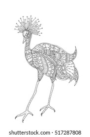Shadoof or crowned pigeon with ethnic floral doodle pattern. Coloring page - zendala for adults, vector illustration, isolated on a white background. Zen doodles.