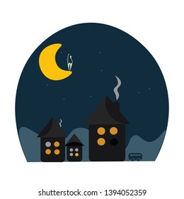 Shadow of 3 beautiful houses with burning chimney and a cat on the moon vector color drawing or illustration