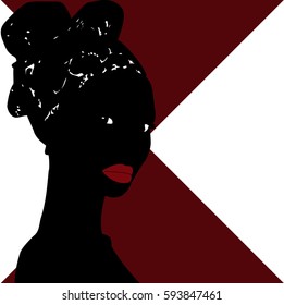 shadow of an African woman with red lips and the turban on her head on a white and  wine red  background