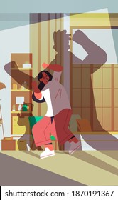 shadow of angry husband punching and hitting wife stop domestic violence and aggression against women living room interior vertical full length vector illustration