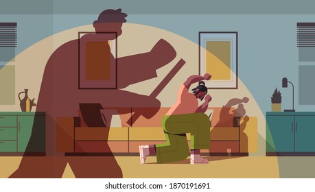 shadow of angry husband punching and hitting wife stop domestic violence and aggression against women living room interior horizontal full length vector illustration